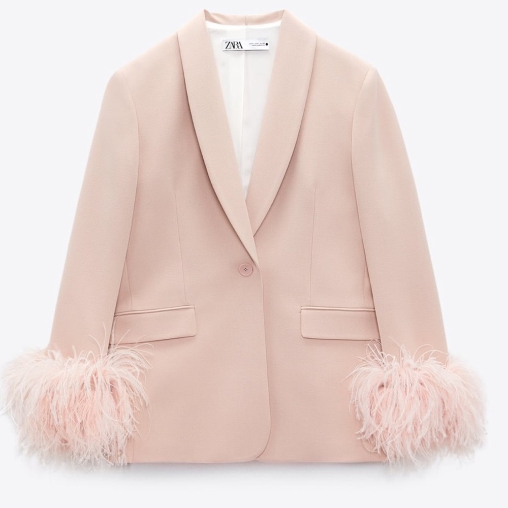 BLOGGER'S FAVE! ZARA STRAIGHT CUT FEATHER BLAZER BEIGE PINK NWT